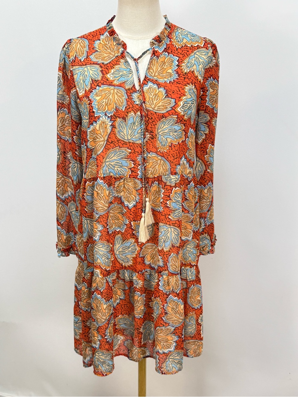 THML Rust Orange Floral Tassel-Front Long Sleeve tiered mini Dress size S - Picture 10 of 13